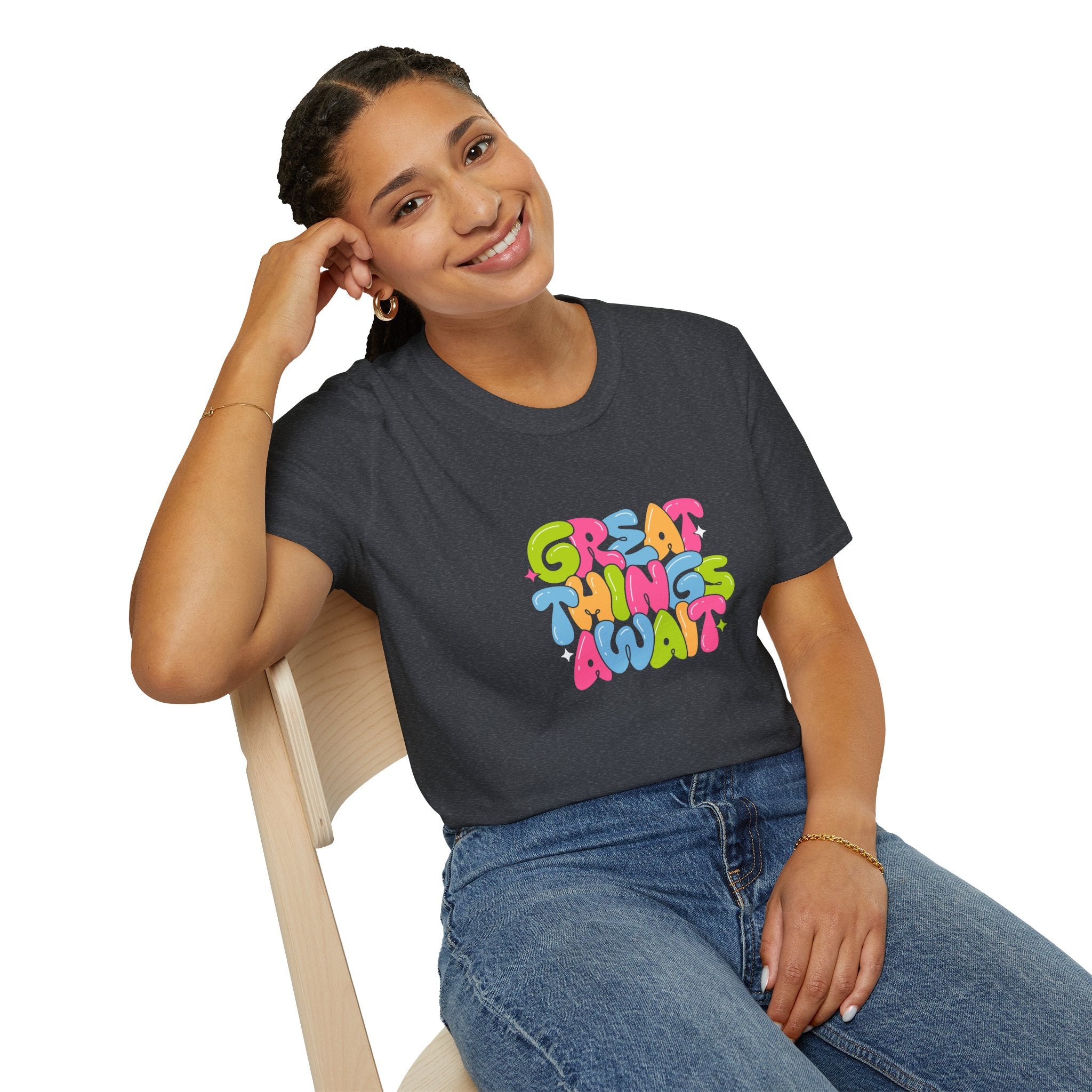 Great Things Await Unisex Softstyle T-Shirt - Vibrant Motivational Tee