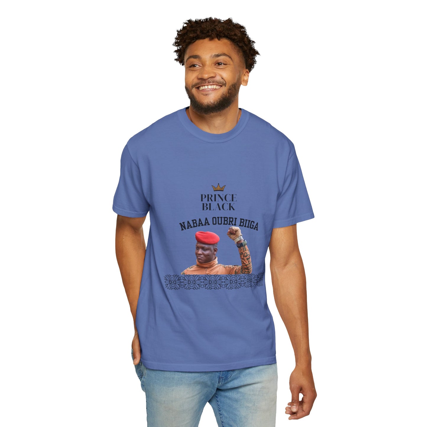 Nabaa Oubri biiga Cultural Heritage Unisex Garment-Dyed T-Shirt - 'Prince Black' with Floral Design