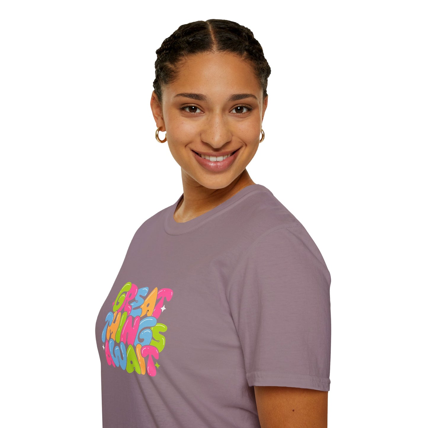 Great Things Await Unisex Softstyle T-Shirt - Vibrant Motivational Tee