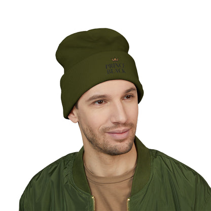 Embroidered Classic Cuffed Beanie - 'Prince Black' White Hat