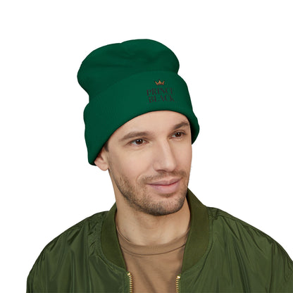 Embroidered Classic Cuffed Beanie - 'Prince Black' White Hat
