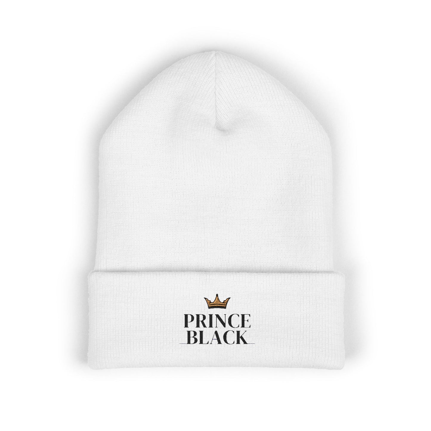Embroidered Classic Cuffed Beanie - 'Prince Black' White Hat