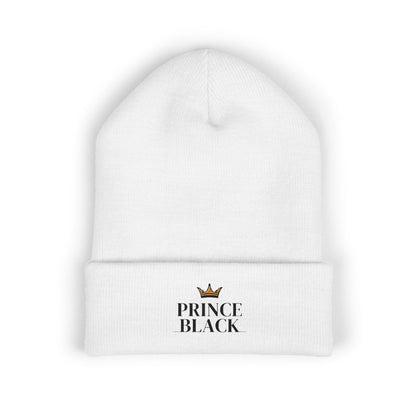 Embroidered Classic Cuffed Beanie - 'Prince Black' White Hat