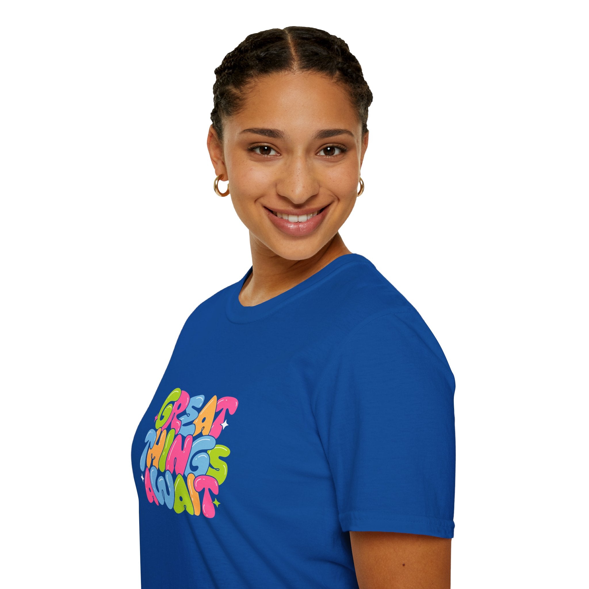 Great Things Await Unisex Softstyle T-Shirt - Vibrant Motivational Tee