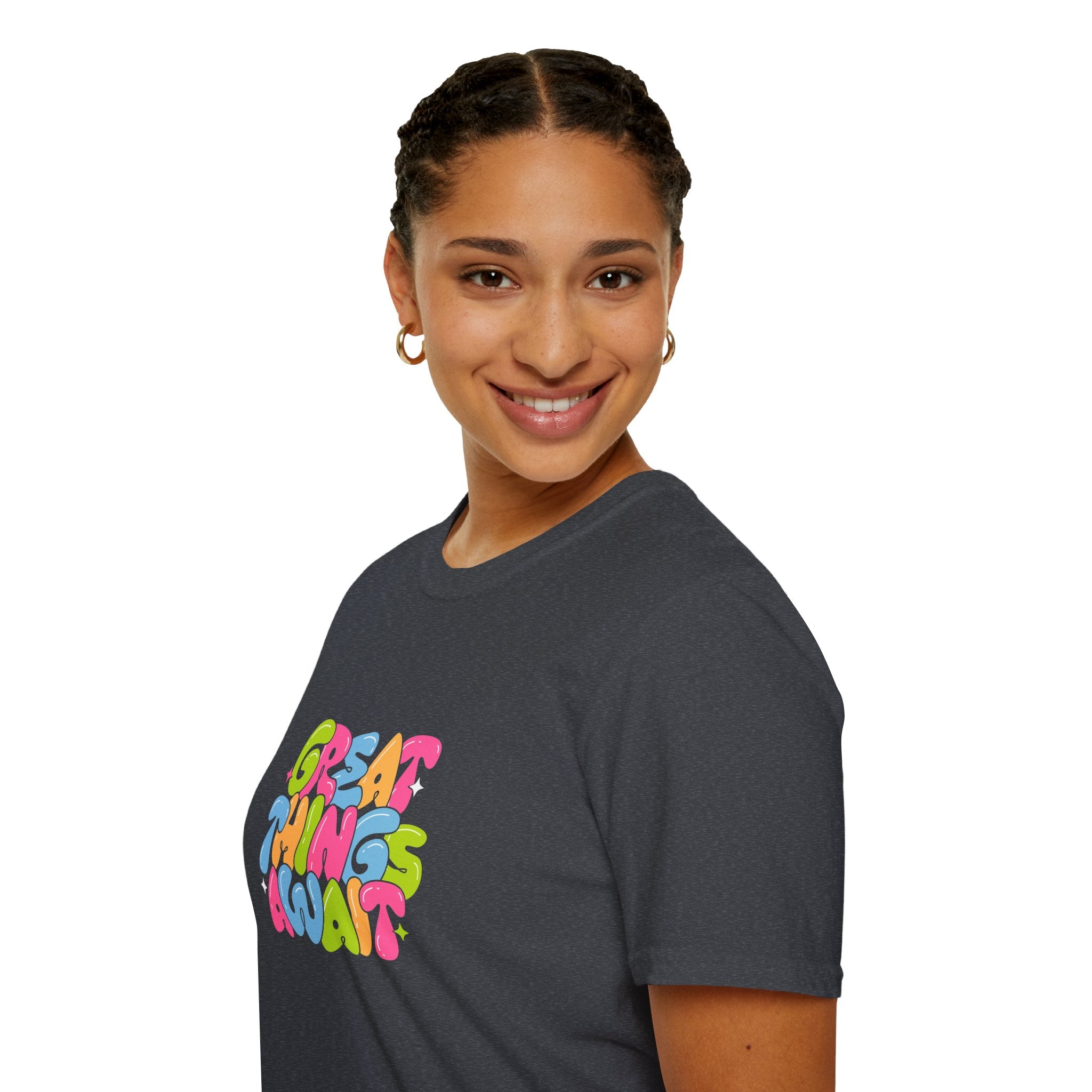 Great Things Await Unisex Softstyle T-Shirt - Vibrant Motivational Tee