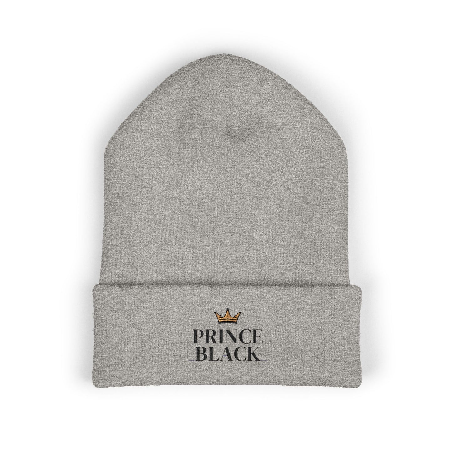 Embroidered Classic Cuffed Beanie - 'Prince Black' White Hat