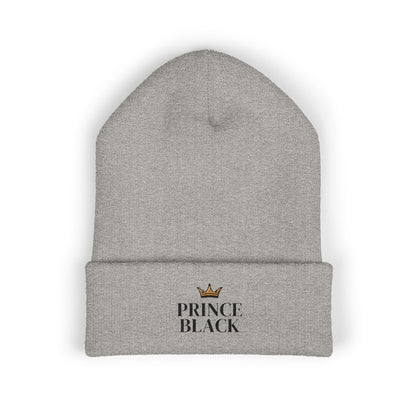 Embroidered Classic Cuffed Beanie - 'Prince Black' White Hat