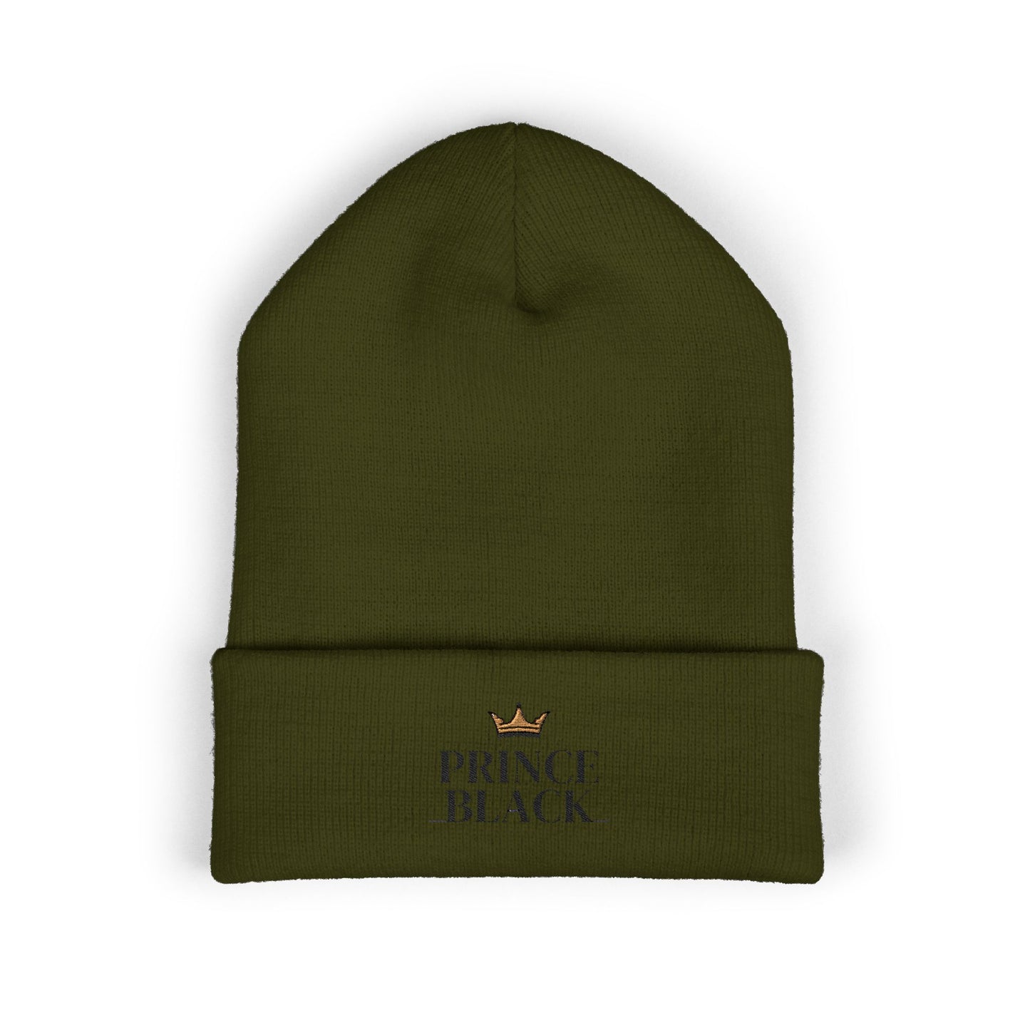 Embroidered Classic Cuffed Beanie - 'Prince Black' White Hat