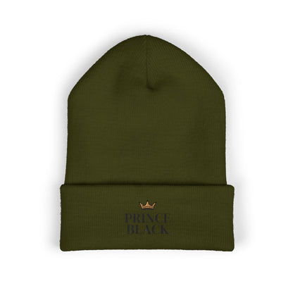 Embroidered Classic Cuffed Beanie - 'Prince Black' White Hat
