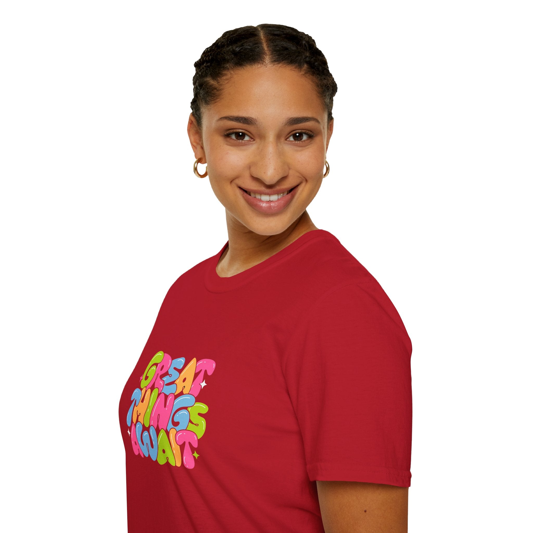 Great Things Await Unisex Softstyle T-Shirt - Vibrant Motivational Tee