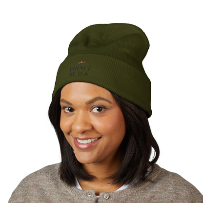 Embroidered Classic Cuffed Beanie - 'Prince Black' White Hat